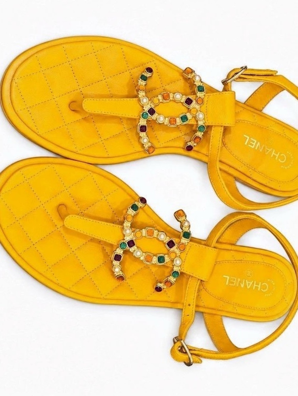 Chanel Quilted Lambskin CC Jewel Thong Sandals Yellow EU 38